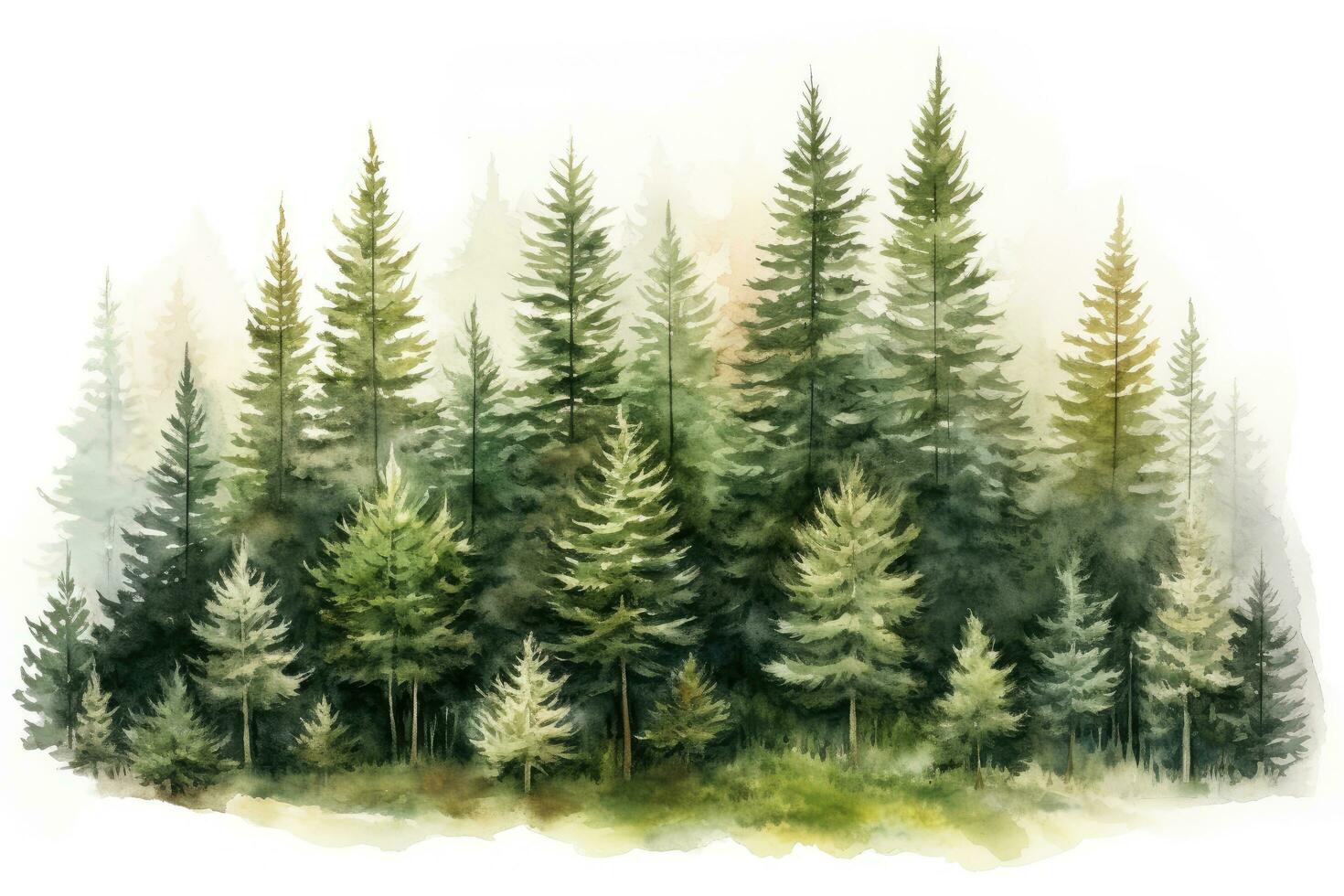 Watercolor illustration of a coniferous forest on a white background, Hand drawn watercolor coniferous forest illustration of spruce, AI Generated photo