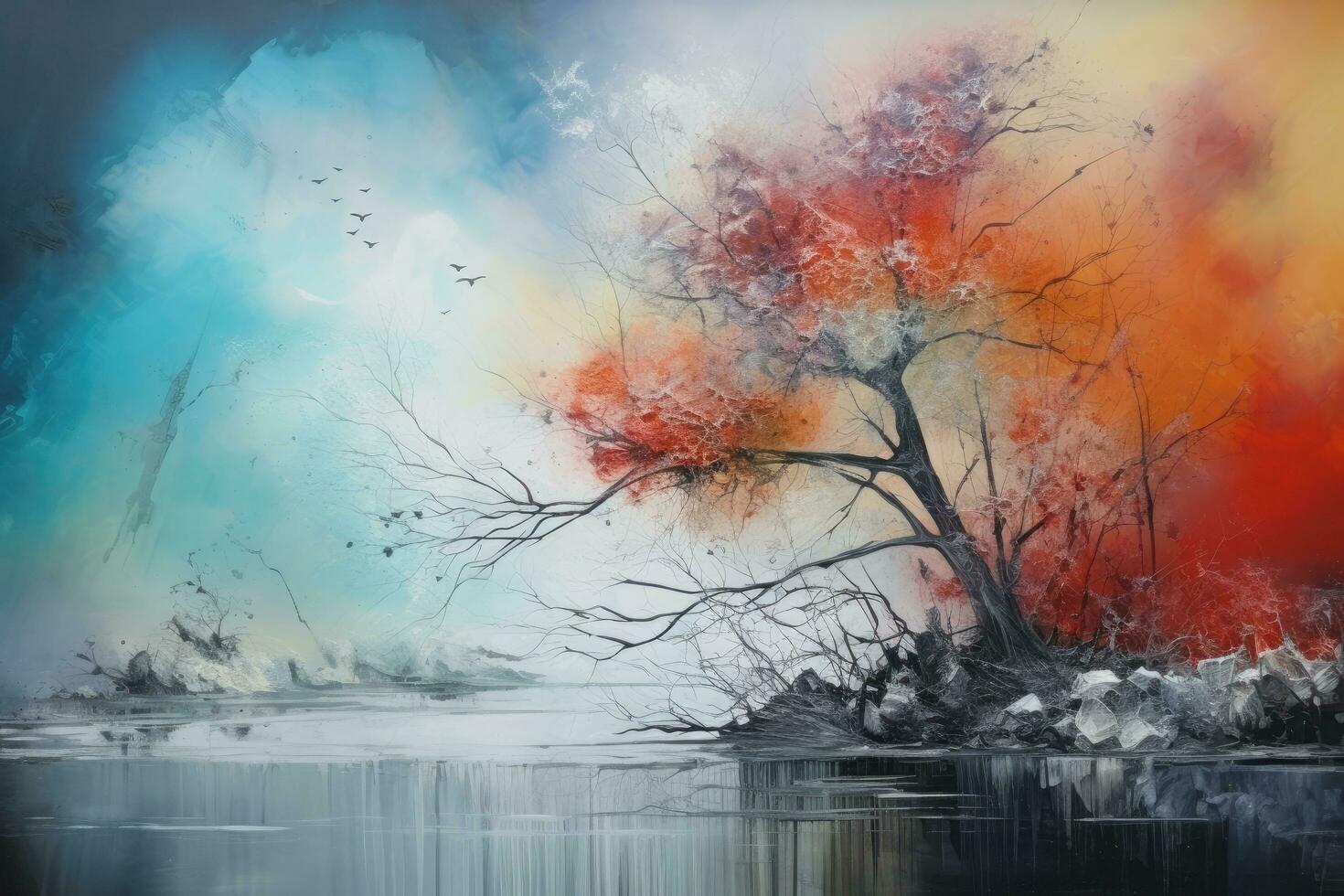 Autumn landscape with tree, lake and birds. Digital painting, Hand drawn oil painting on canvas and Abstract art background, AI Generated photo