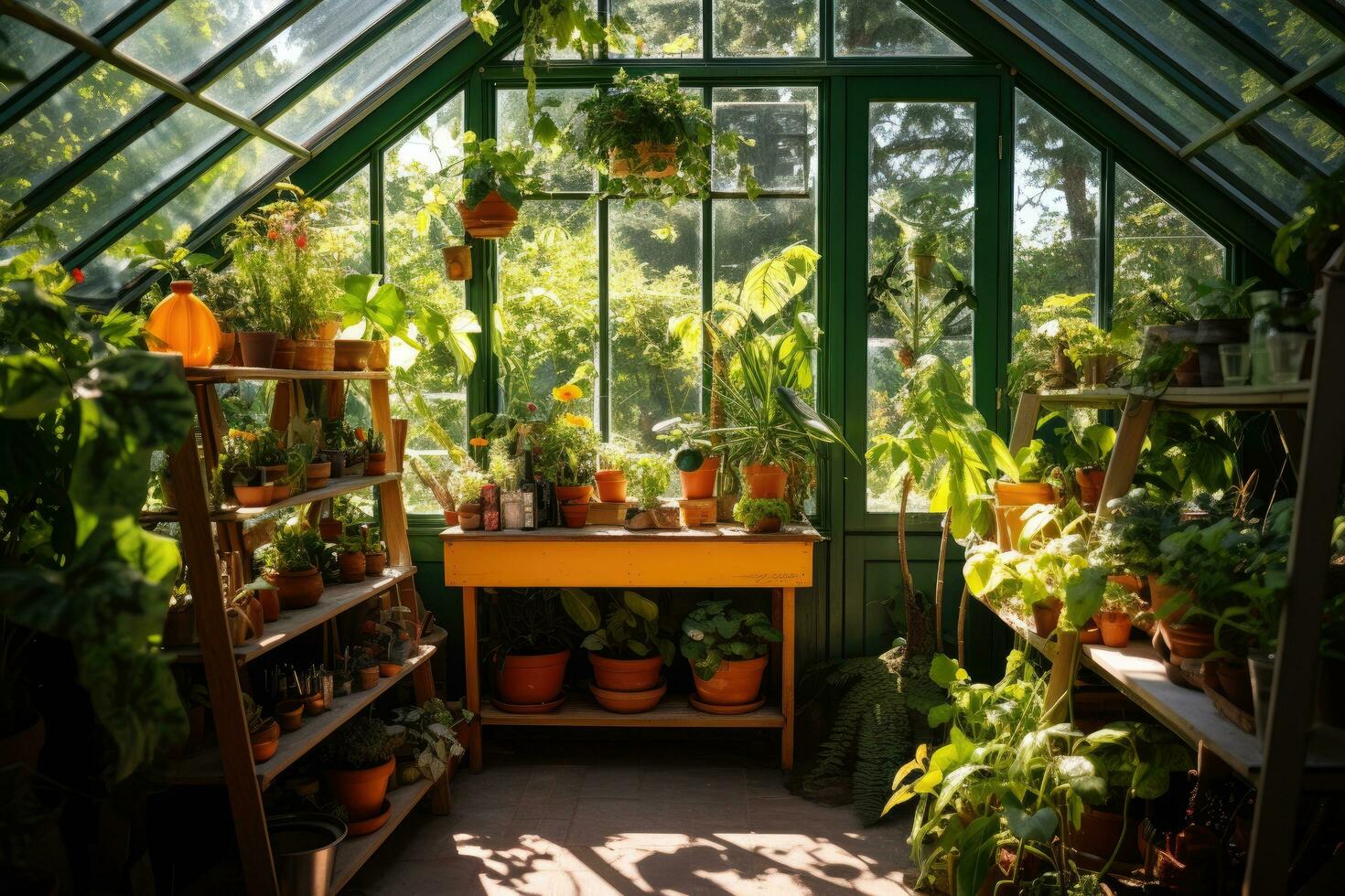 Greenhouse with flowers and plants in pots on the windowsill, greenhouse with plants. indoor gardening, AI Generated photo