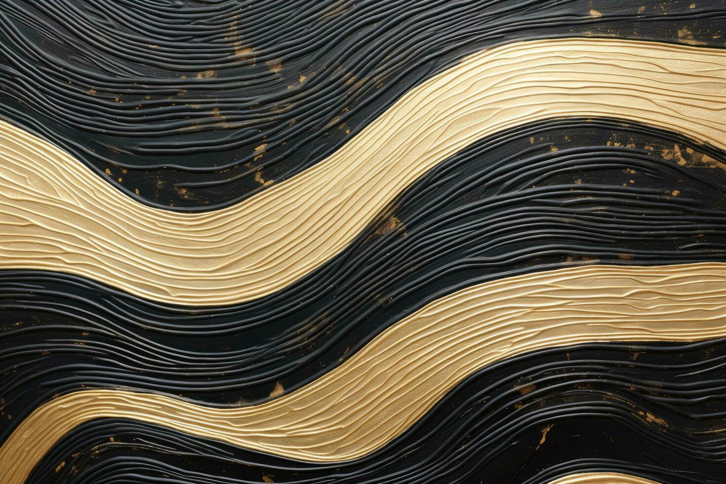 Abstract gold and black background. 3d rendering, 3d illustration, Horizontal Black and gold oil painting wavy abstract pattern, AI Generated photo