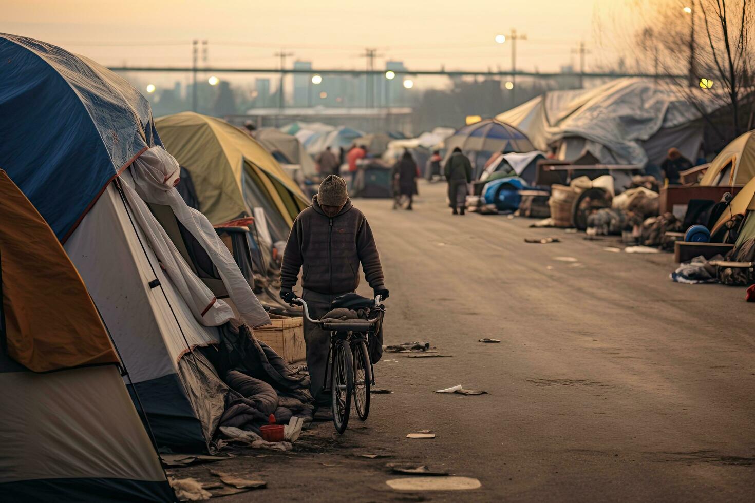 Homeless people on the street at sunset. People on the street, homeless and in poverty in a tent city, AI Generated photo
