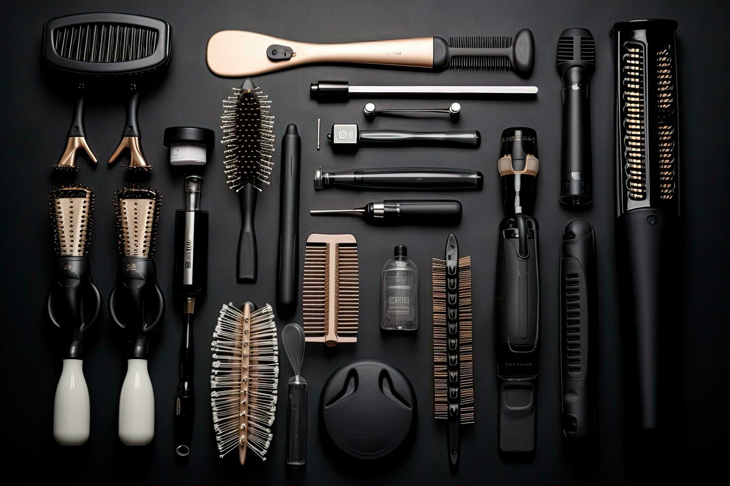 Professional hairdresser tools on black background. Top view, Hairdresser tools and accessories on black background, top view, AI Generated photo