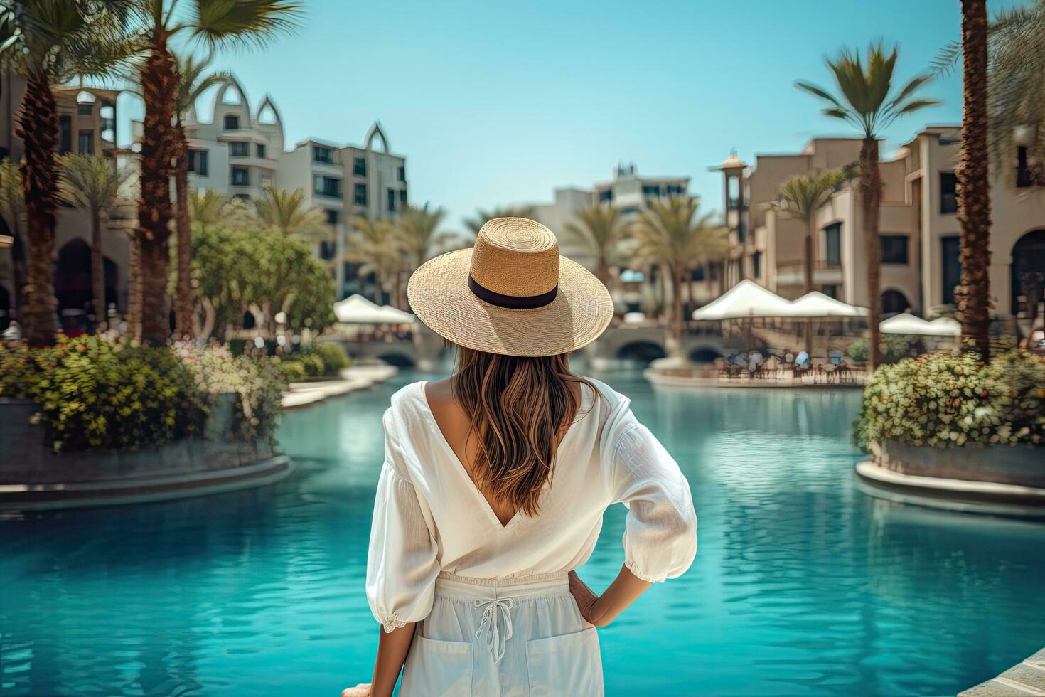 Back view of young woman in white dress and straw hat standing by swimming pool at luxury resort, Happy tourist girl rear view walking near fountains in Dubai city. Vacation, AI Generated photo