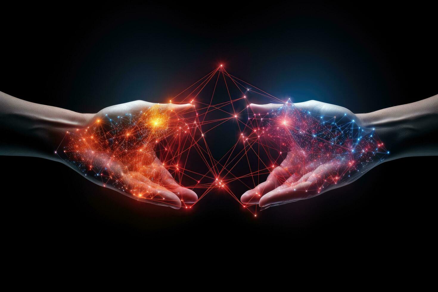 Close up of human hands holding polygonal network on dark background, Hand united together to form lines, triangles, and particle style design, AI Generated photo