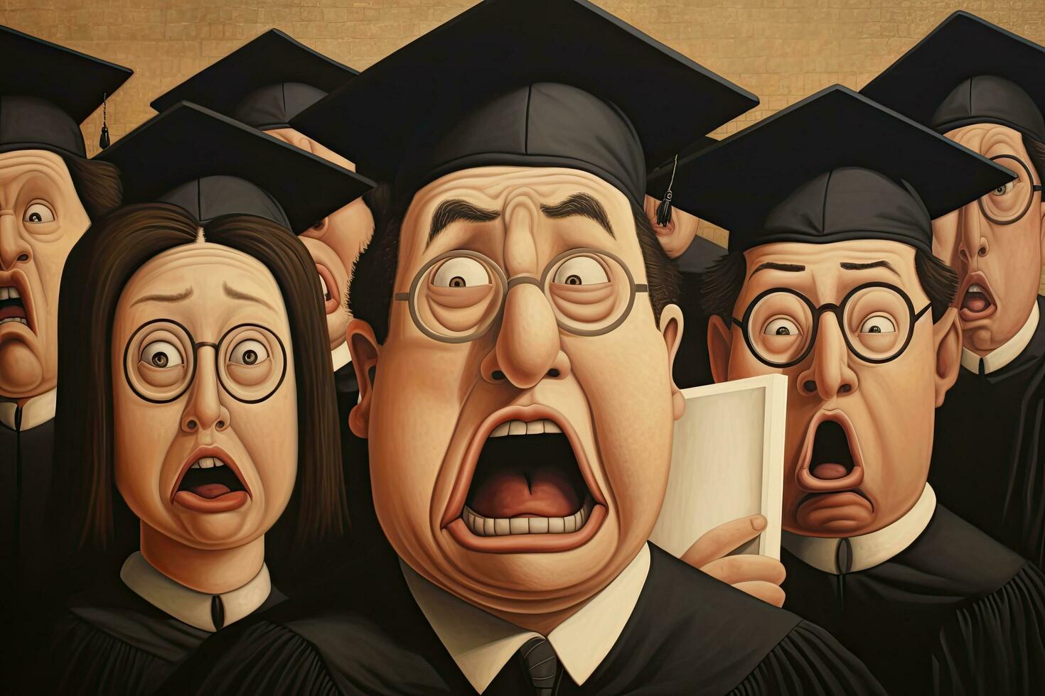 3D illustration of a group of people in mortar boards and gowns, group of graduates holding a diploma close up, bloated face, and background, no face, AI Generated photo