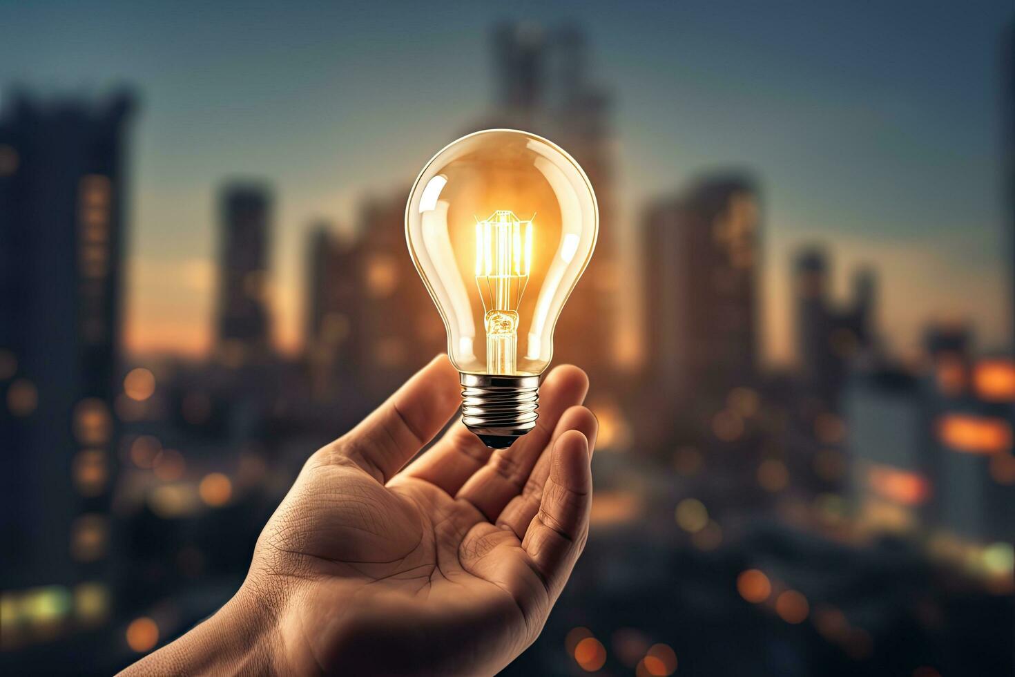 Close up of businessman hand holding light bulb on city background. Idea concept, Hand holding glowing light bulb on abstract city background. Idea and innovation concept, AI Generated photo