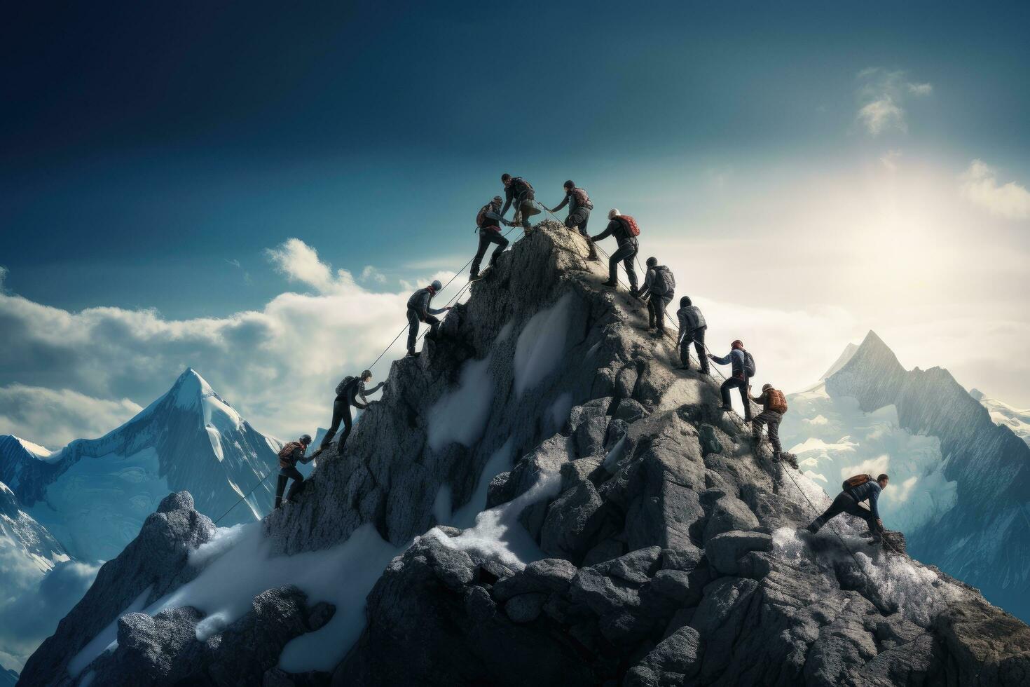 grupo de negocio personas alpinismo en un montaña cima. 3d representación, grupo de personas en pico montaña alpinismo Ayudar equipo trabajar, ai generado foto