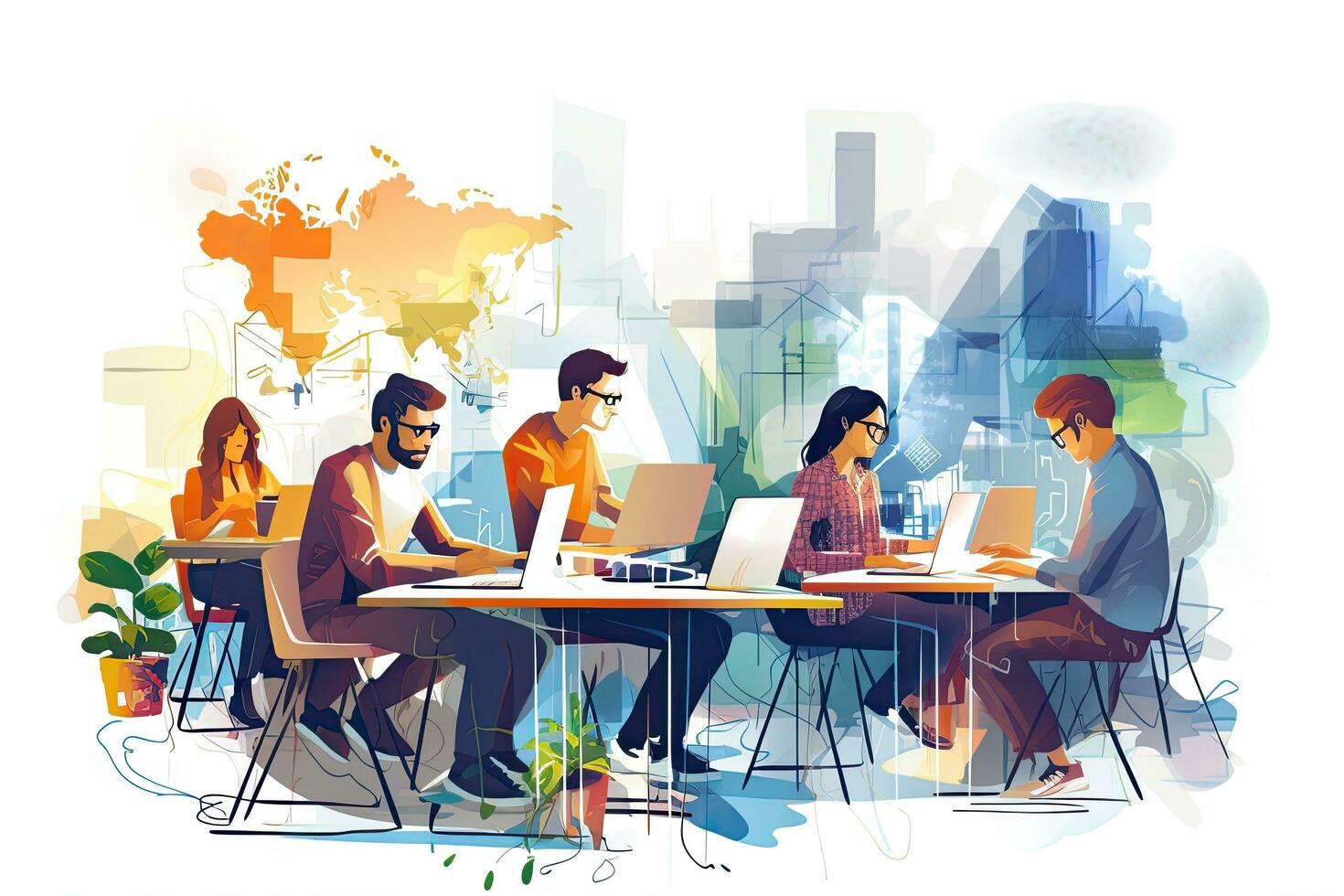 Vector illustration of business people working at the office with cityscape in the background, Group of developers working in office, abstract illustrations around, AI Generated photo