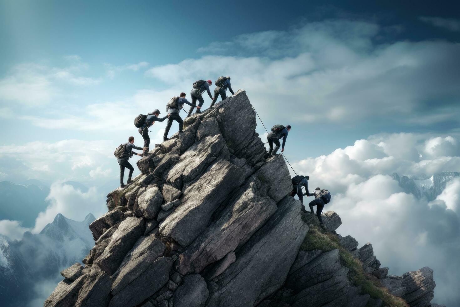 grupo de escaladores alpinismo el parte superior de el montaña. 3d representación, grupo de personas en pico montaña alpinismo Ayudar equipo trabajar, ai generado foto