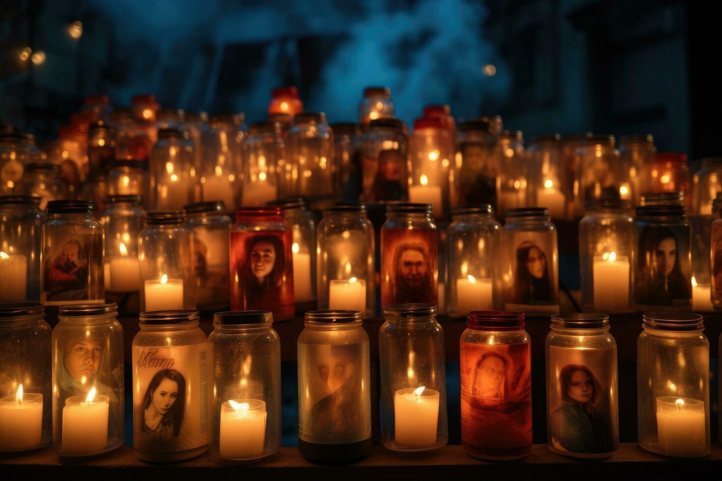 Candles in the cemetery at night, christianity concept, Group of lit candles, Memory of deceased persons, AI Generated photo