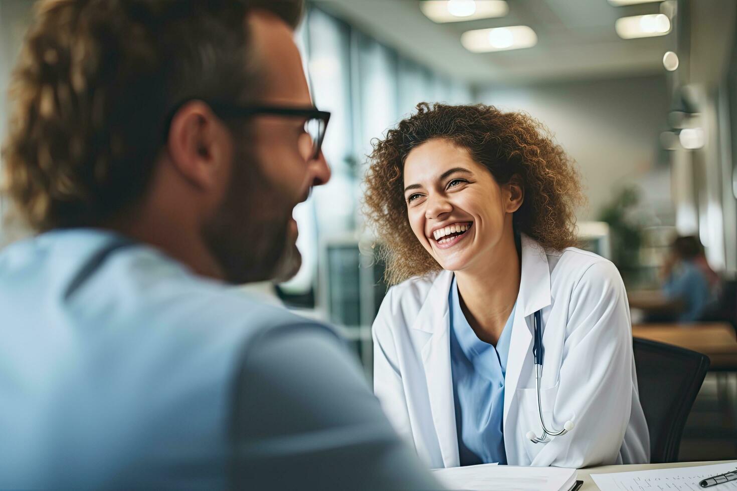 Portrait of smiling female doctor and male patient discussing something while sitting at the table in office, group of happy doctors meeting at hospital office, AI Generated photo