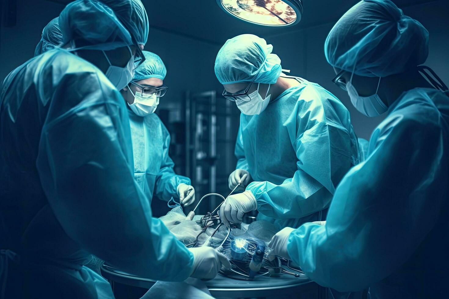 group of veterinarian surgery in operation room take with art lighting and blue filter, group of veterinary surgery in the operating room, AI Generated photo