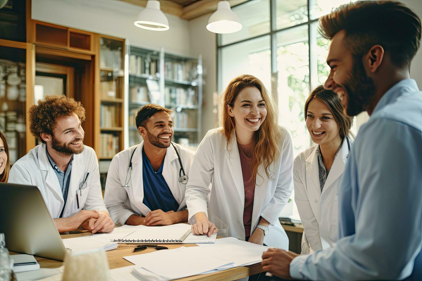 Group of young doctors and nurses in a medical team having a meeting, group of happy doctors meeting at hospital office, AI Generated photo