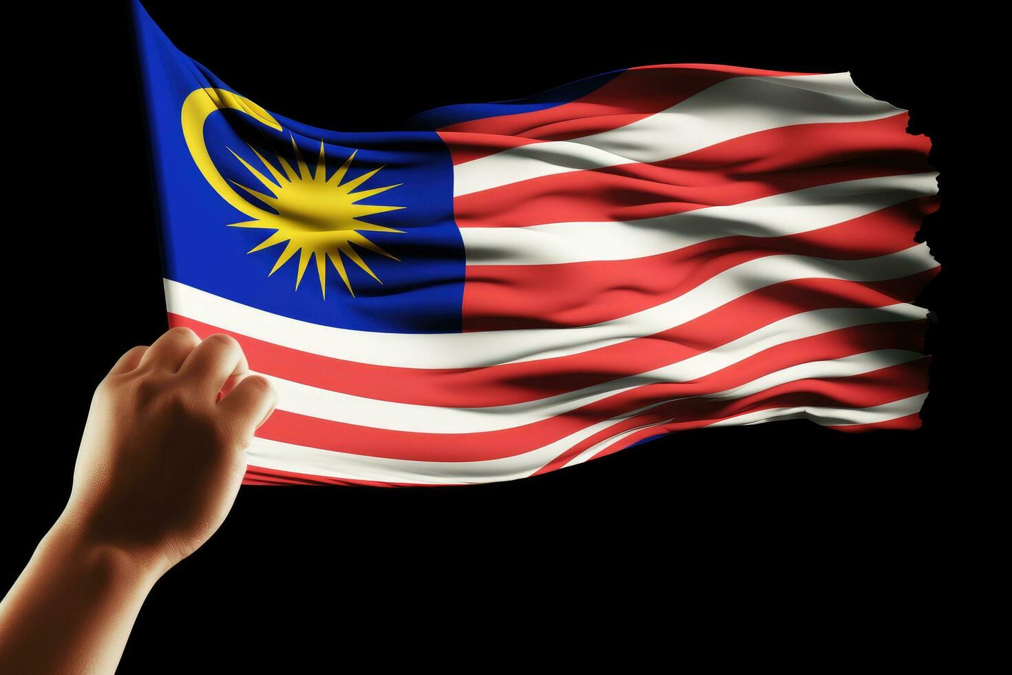 hand holding malaysia flag isolated on black background with clipping path, Hand waving Malaysia flag also known as Jalur Gemilang in conjunction, AI Generated photo