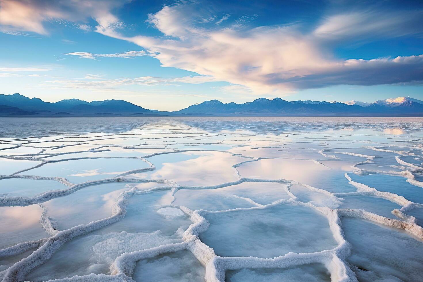 Frozen lake at sunset, Ladakh, Jammu and Kashmir, India, Great Salt Lake Utah amazing travel picture, AI Generated photo