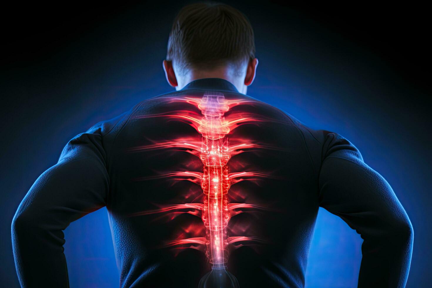 Digital composite of highlighted spine of man with back pain against blue background, highlighted Lower back pain showing with red holographic spine, AI Generated photo