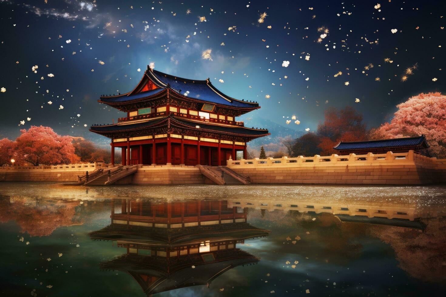 Chinese ancient architecture at night in the park with reflection on the water, San Andres  Providencia Islands Caribbean Colombia, AI Generated photo