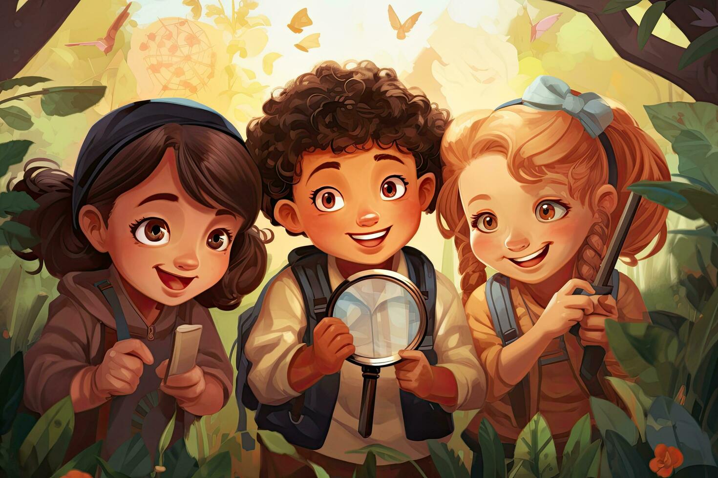 Illustration of a group of kids exploring the forest with a magnifying glass, Group of kindergarten kids friends holding the magnifying glasses for explore, top section cropped, AI Generated photo