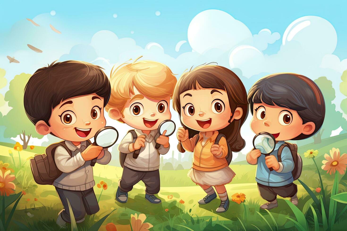 Children holding magnifying glass in the park illustration. Cartoon characters, Group of kindergarten kids friends holding the magnifying glasses for explore, top section cropped, AI Generated photo