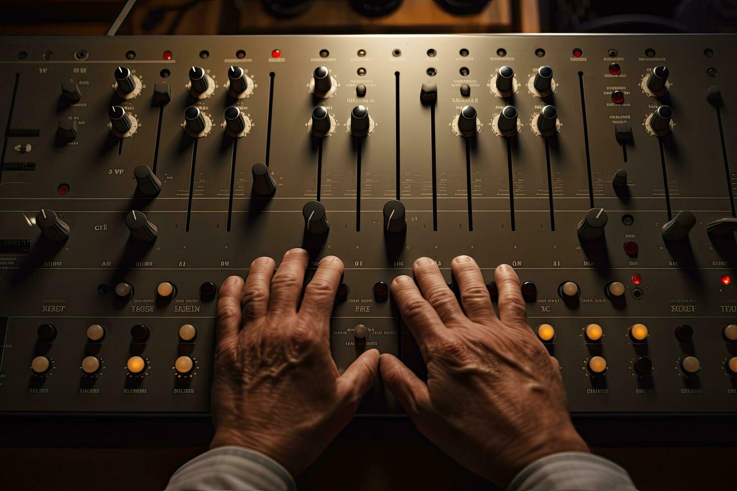 Close-up of the hands of a sound engineer working on a mixer, Hand on a sound mixer station, top view, AI Generated photo