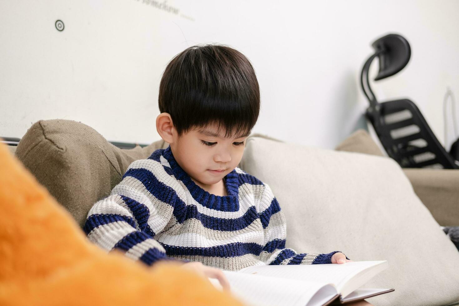 Asian boy reading a book on the sofa Learning outside the classroom photo