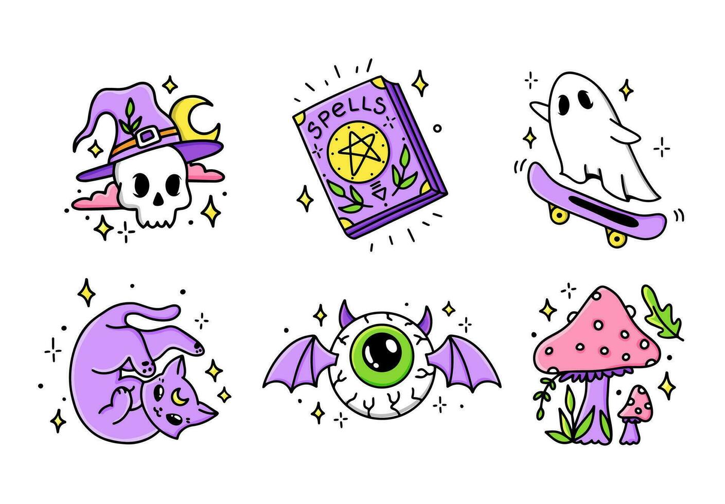 Set Halloween cartoon hand drawn stickers. Collection of graphic elements spell book, cat, skull, mushroom, bat eyeball, ghost. Vector party  illustration.