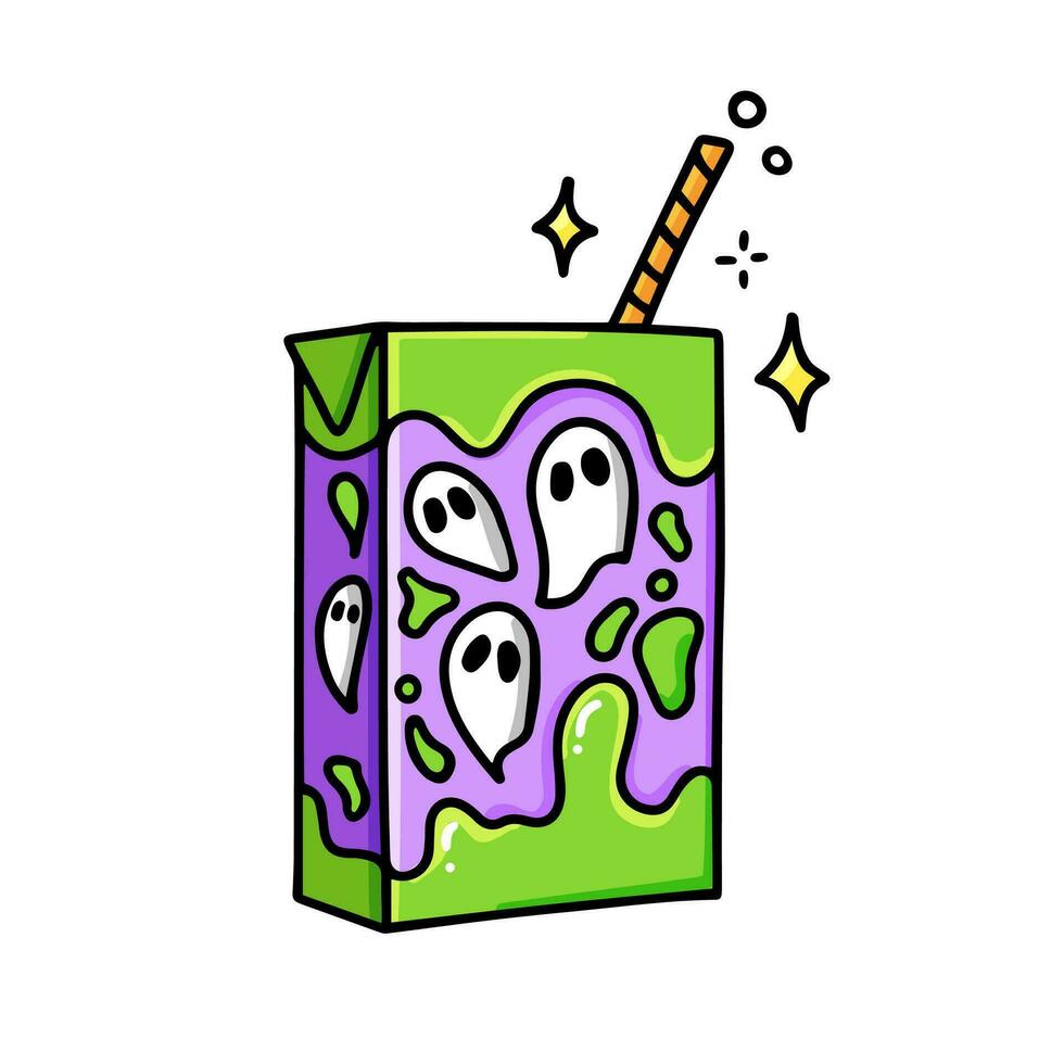 Ghost juice box with straw. A magical drink for Halloween. Witch's potion. Graphic element on a white background. Vector illustration.