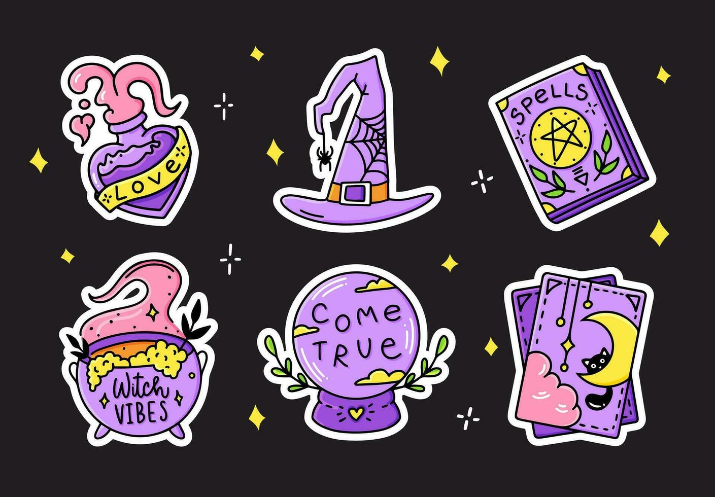 Set cartoon witch stickers for Halloween. Collection of graphic elements on a black background witch hat, fortune book, tarot cards, potion cauldron, potion bottle, witch glass ball. Vector party.