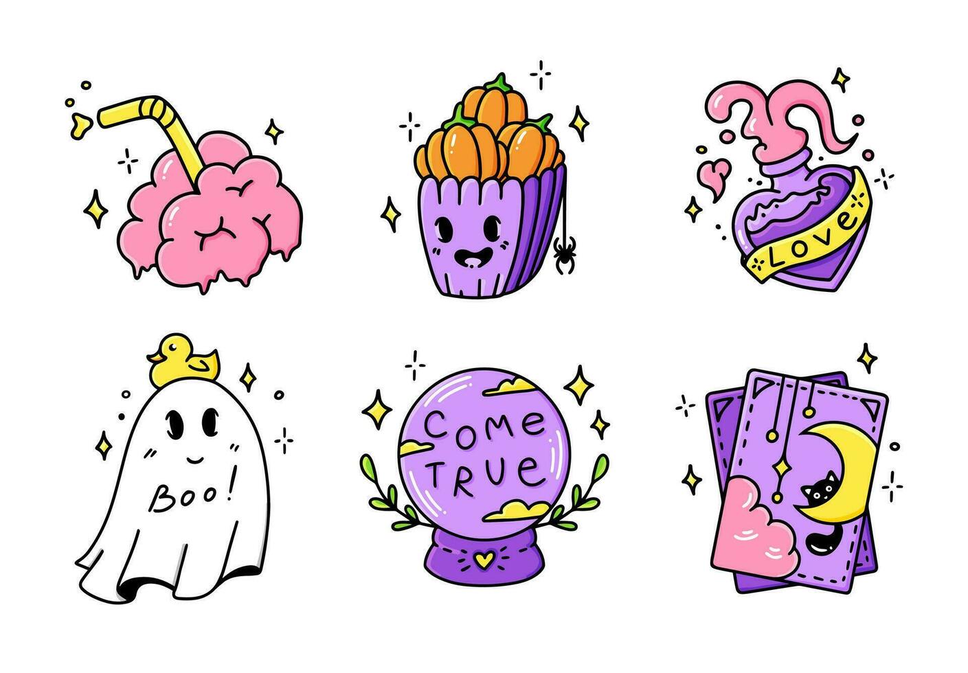 Set Halloween cartoon hand drawn stickers. Collection of graphic elements pumpkin, tarot cards, brain, potion, ghost, divination ball. Vector party  illustration.