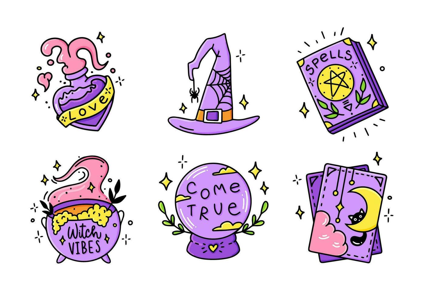 Set cartoon witch stickers for Halloween. Collection of graphic elements witch hat, fortune book, tarot cards, potion cauldron, potion bottle, witch glass ball. Vector party.