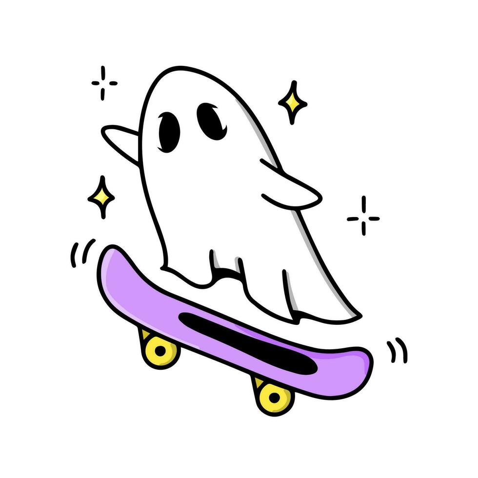 A flying ghost on a skateboard. A skater ghost under a white sheet. Cute cartoon character. The face on the fabric. Halloween holiday. Fashionable vector illustration.