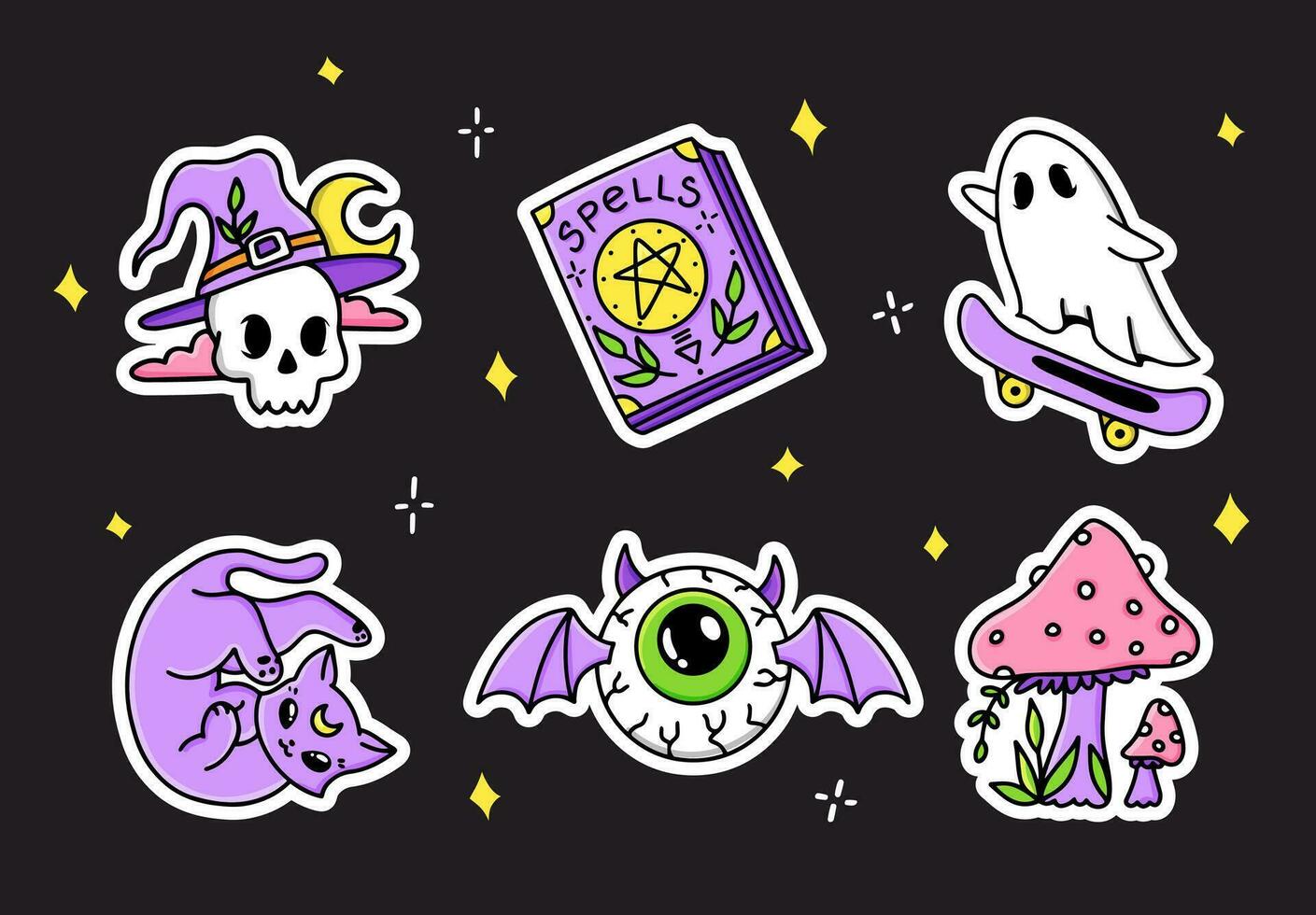 Set Halloween cartoon hand drawn stickers. Collection of graphic elements on a black background spell book, cat, skull, mushroom, bat eyeball,  ghost. Vector party  illustration.