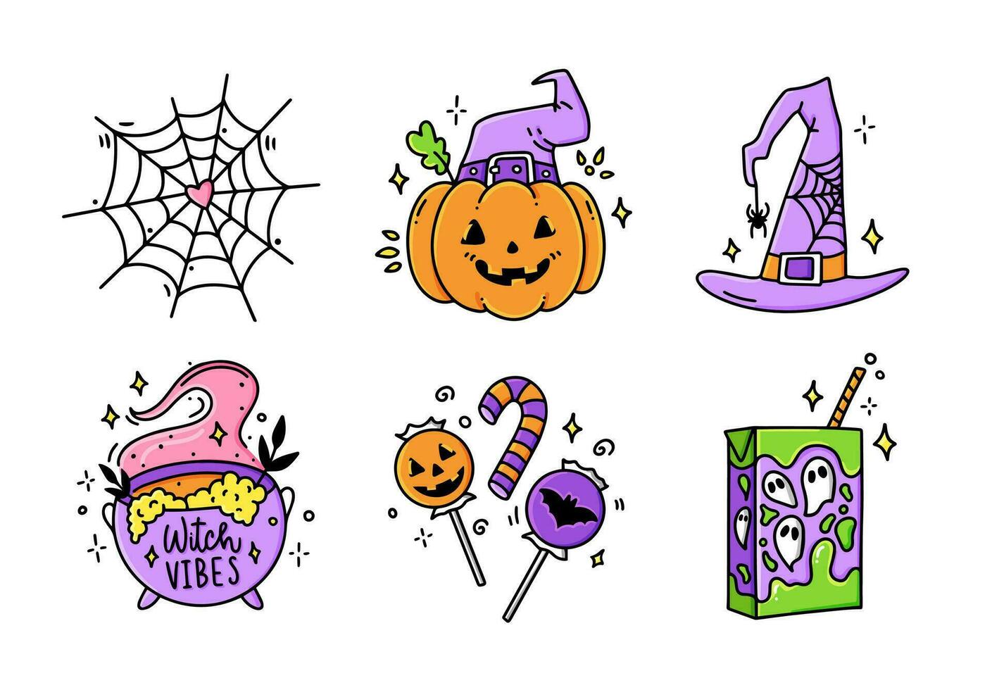 Set Halloween cartoon hand drawn stickers. Collection of graphic elements pumpkin, spider web, witch hat, cauldron witch, candy, juice. Vector party  illustration.