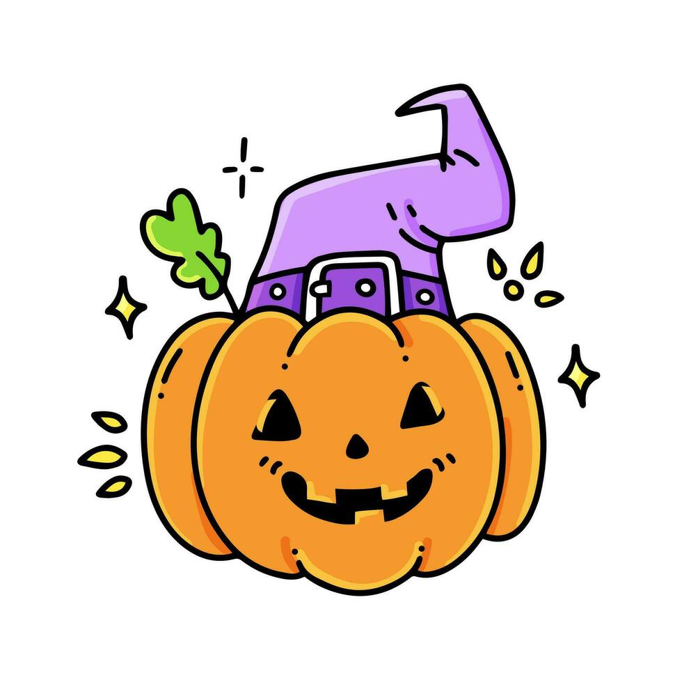Funny smiling pumpkin in a witch hat. Illustration of a cute orange vegetable. A Halloween symbol. Isolated vector illustration.