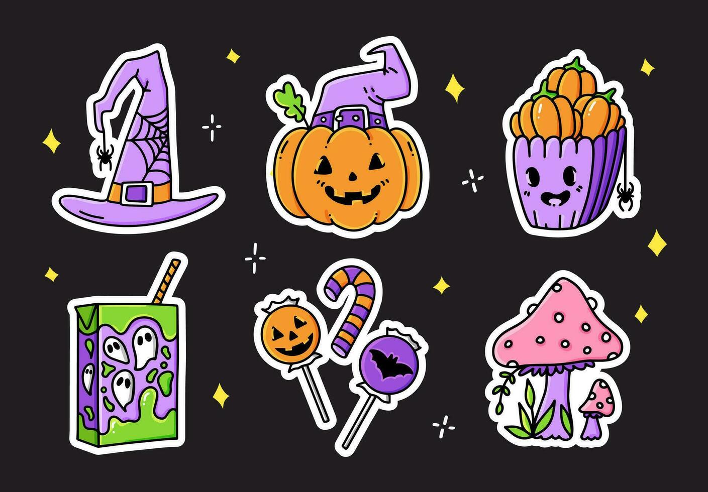 Set Halloween cartoon hand drawn stickers. Collection of graphic elements on a black background pumpkin, witch hat, mushrooms, popcorn, candy, juice. Vector party  illustration.