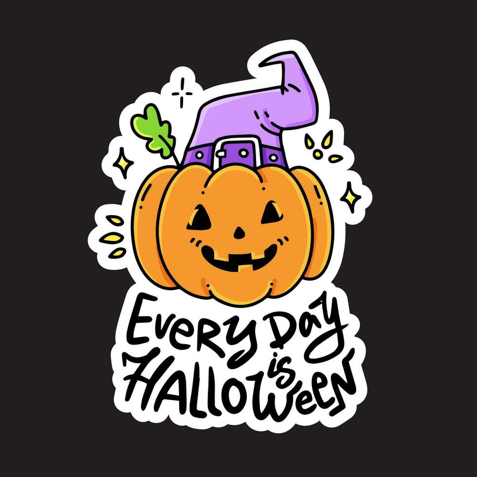 Jack o'lantern funny smiling pumpkin in a witch hat with joking lettering. Illustration of a cute orange vegetable. A Halloween party sticker. Isolated vector illustration on black background.