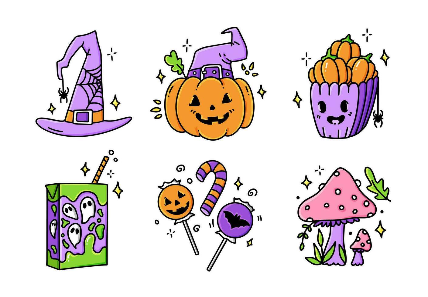 Set Halloween cartoon hand drawn stickers. Collection of graphic elements pumpkin, witch hat, mushrooms, popcorn, candy, juice. Vector party  illustration.
