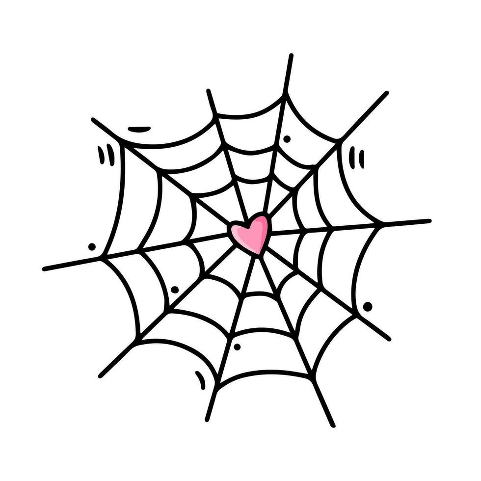 Pink heart in cobweb. Love Trap. Spooky Halloween Spiderweb for party decoration. Isolated object on white background, clipart. Vector illustration.