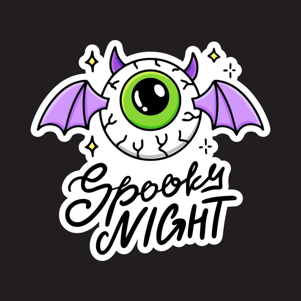 Cartoon flying evil bat monster with wings, human eye and lettering spooky night. Halloween vector party illustration. Isolated scary icon on black background.