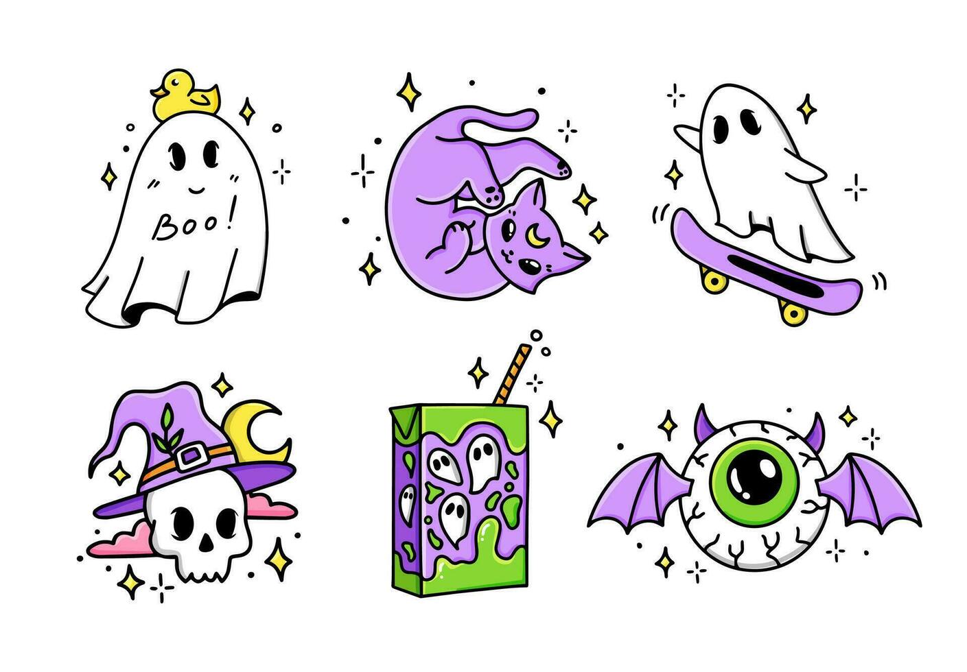 Set Halloween cartoon hand drawn stickers. Collection of graphic elements cat, skull, juice, bat eyeball,  ghost. Vector party  illustration.