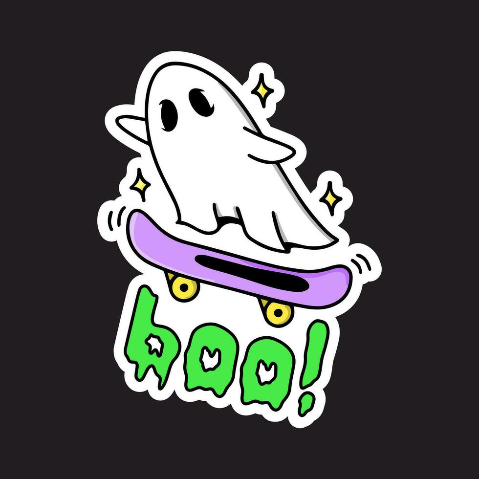 A flying ghost on a skateboard with lettering boo. A skater ghost under a white sheet on a black background. Cute cartoon character. The face on the fabric. Halloween holiday. Fashionable vector. vector