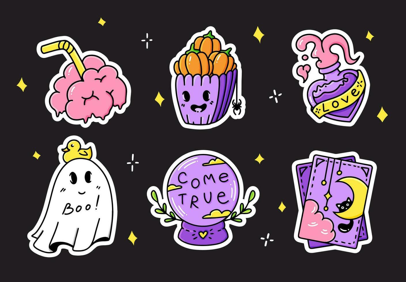 Set Halloween cartoon hand drawn stickers. Collection of graphic elements on a black background pumpkin, tarot cards, brain, potion, ghost, divination ball. Vector party  illustration.