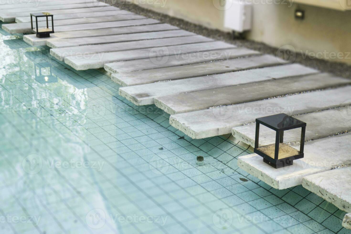 Mosaic in green transparent water at the bottom of the pool photo