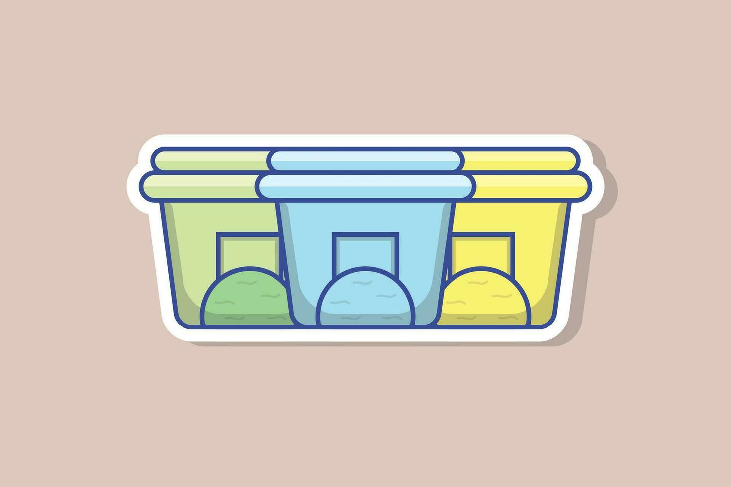 Delicious Ice Cream Boxes Sticker Set vector illustration. Summer food and ice cream object icon concept. Ice cream plastic bucket container set sticker design logo with shadow.