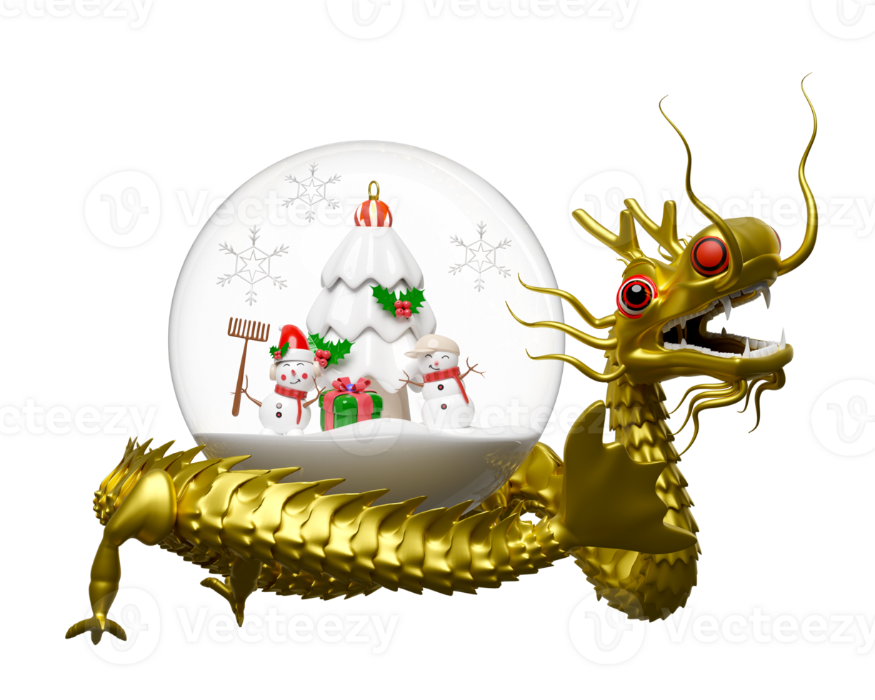 3d guld drake med snö boll, ornament glas transparent snögubbe och vän, tall träd, gåva låda, hatt, snöflinga. glad jul och Lycklig ny år, 3d framställa illustration png