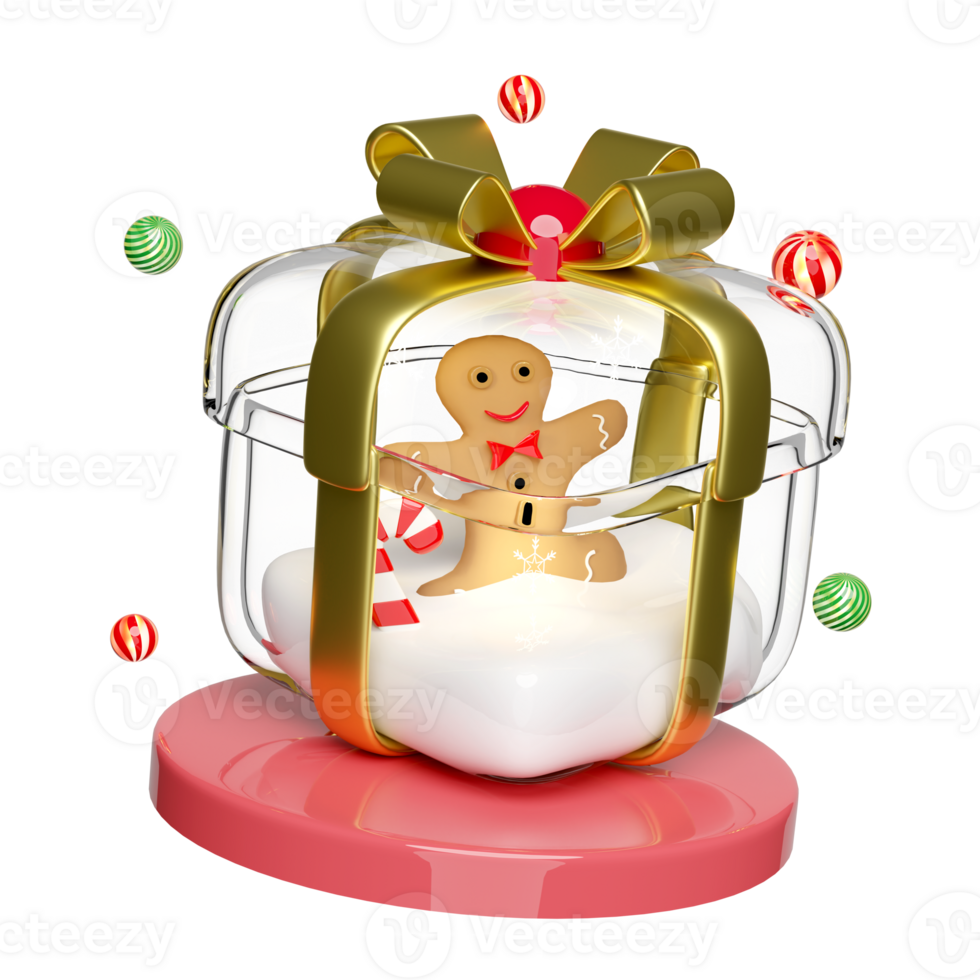 gift box glass transparent with gingerbread man, candy cane, snowflake, podium. merry christmas and happy new year, 3d render illustration png