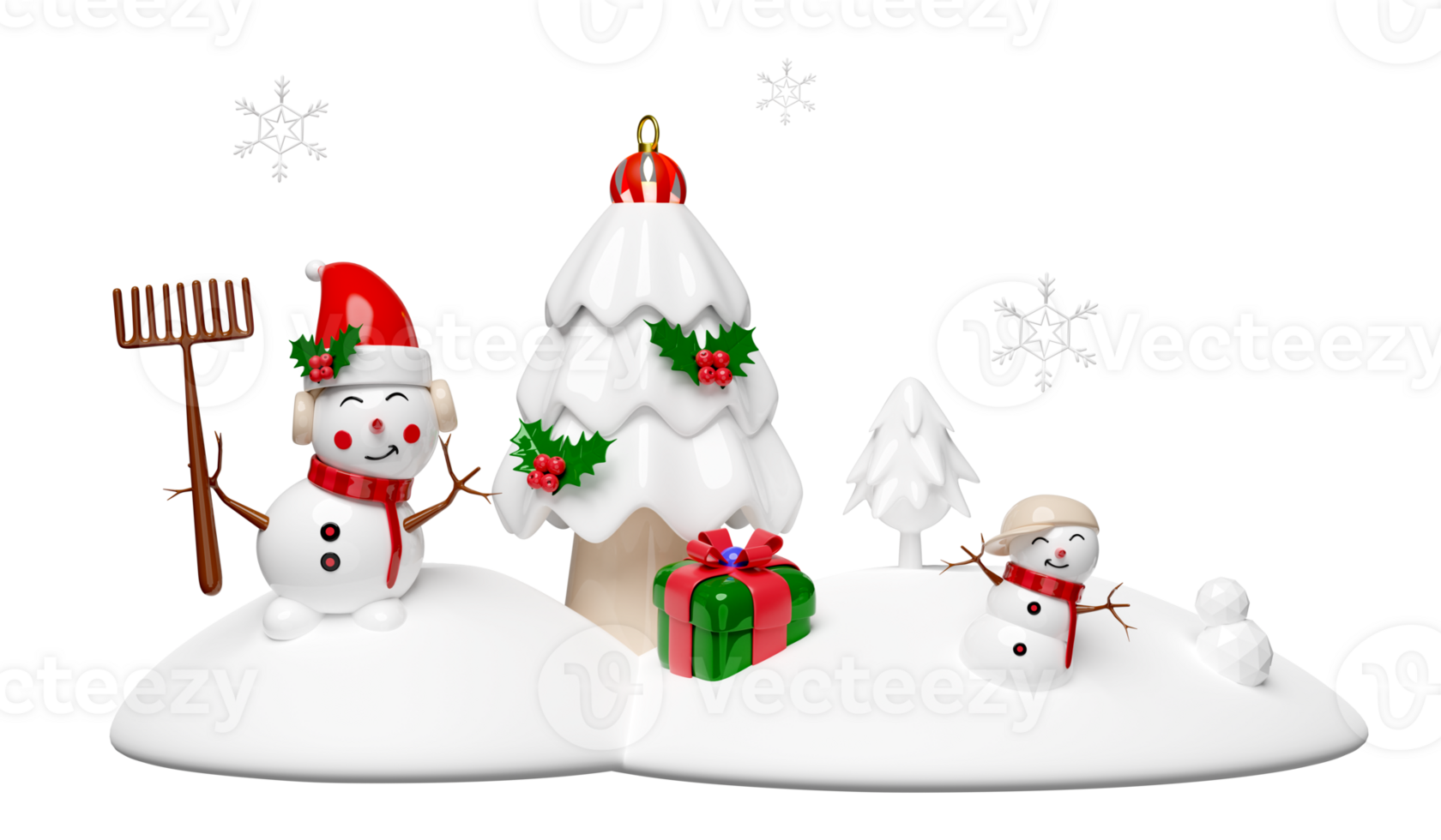 3d snowman and friend on snow hill with pine tree, gift box, snowflake isolated. merry christmas and happy new year, 3d render illustration png