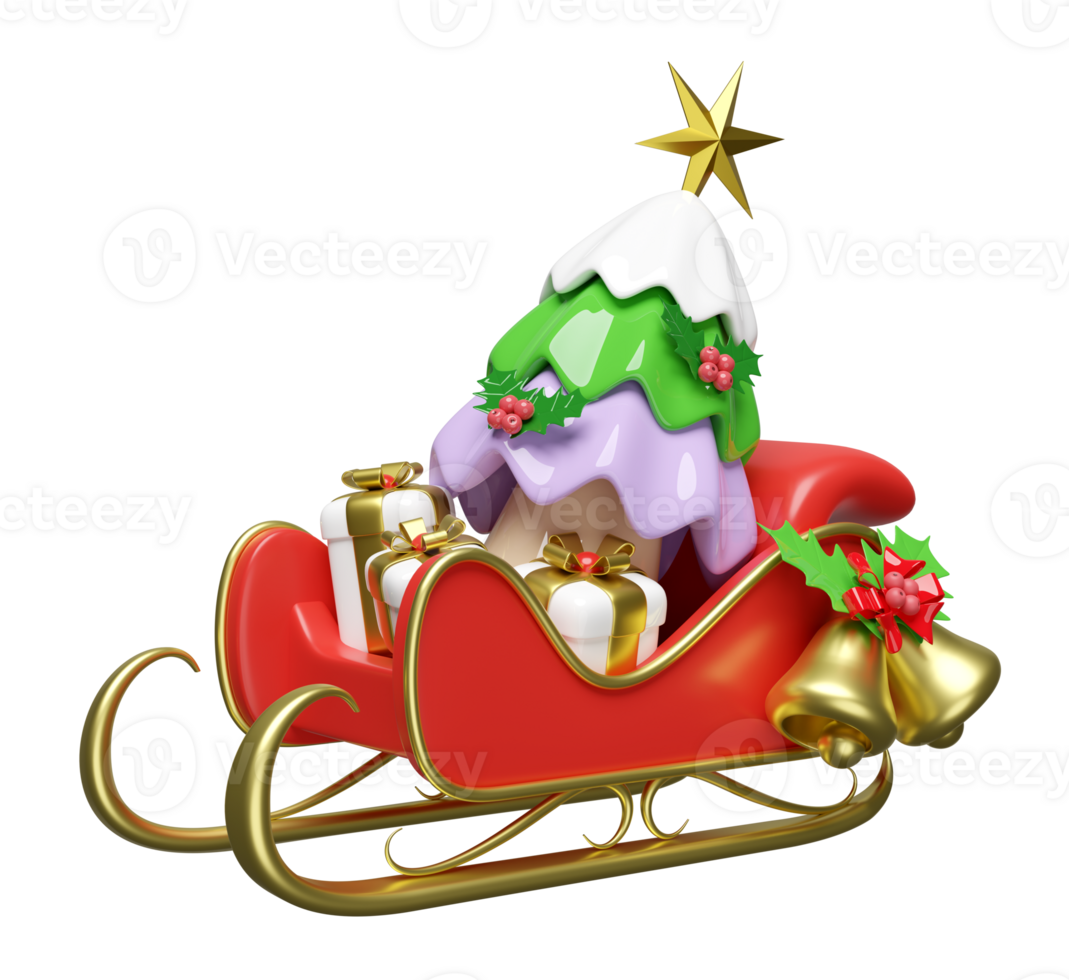 3d sleigh with pine tree, gift box, Jingle bell, holly berry leaves. merry christmas and happy new year, 3d render illustration png