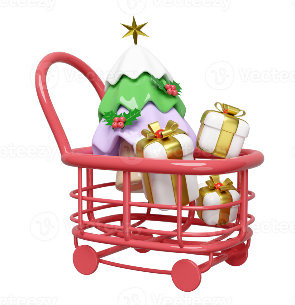 shopping cart with christmas tree, gift box. merry christmas and happy new year, 3d render illustration png