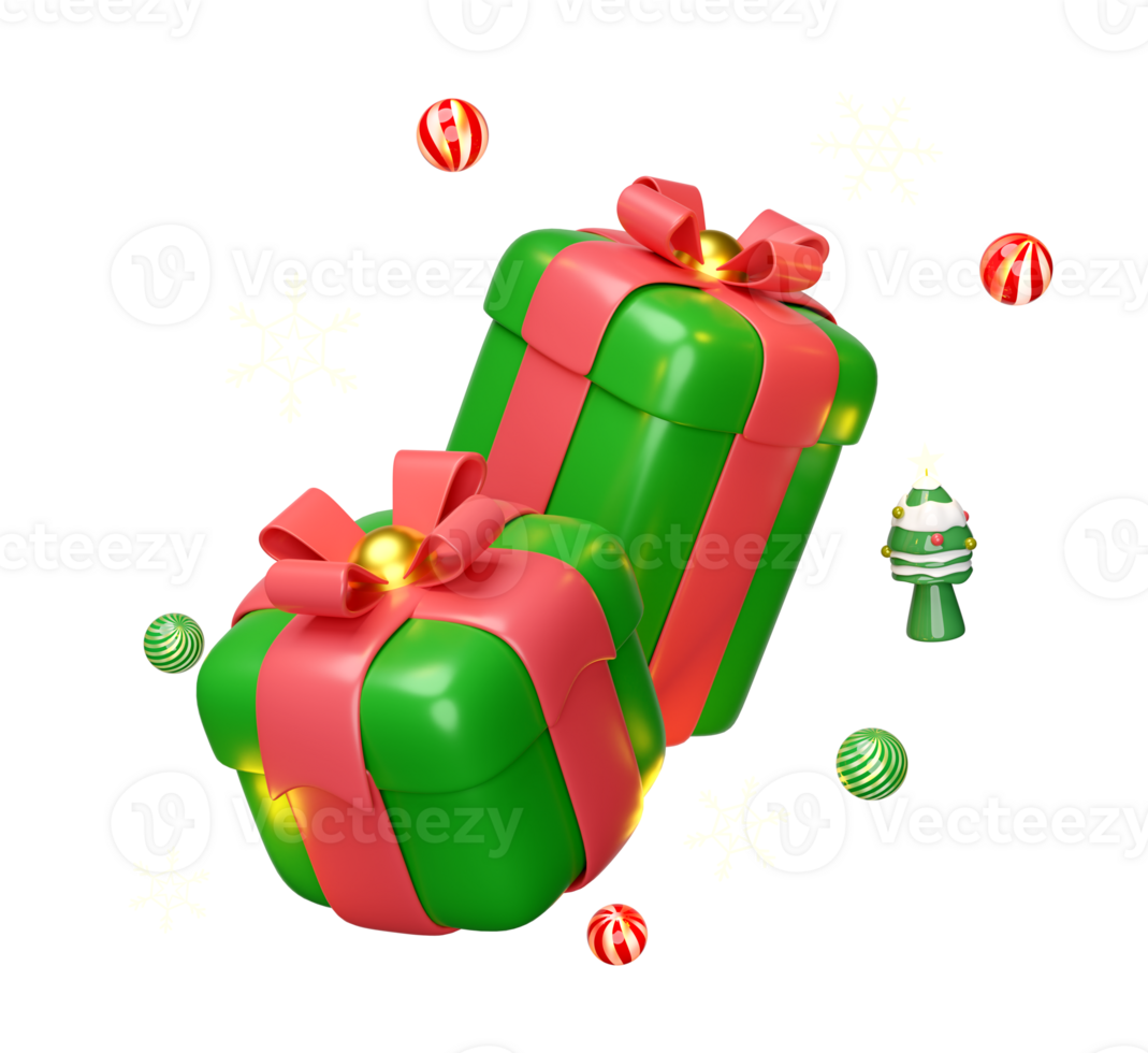 geschenk doos met decoratief bal, sneeuwvlok, Kerstmis boom. vrolijk Kerstmis en gelukkig nieuw jaar, 3d geven png